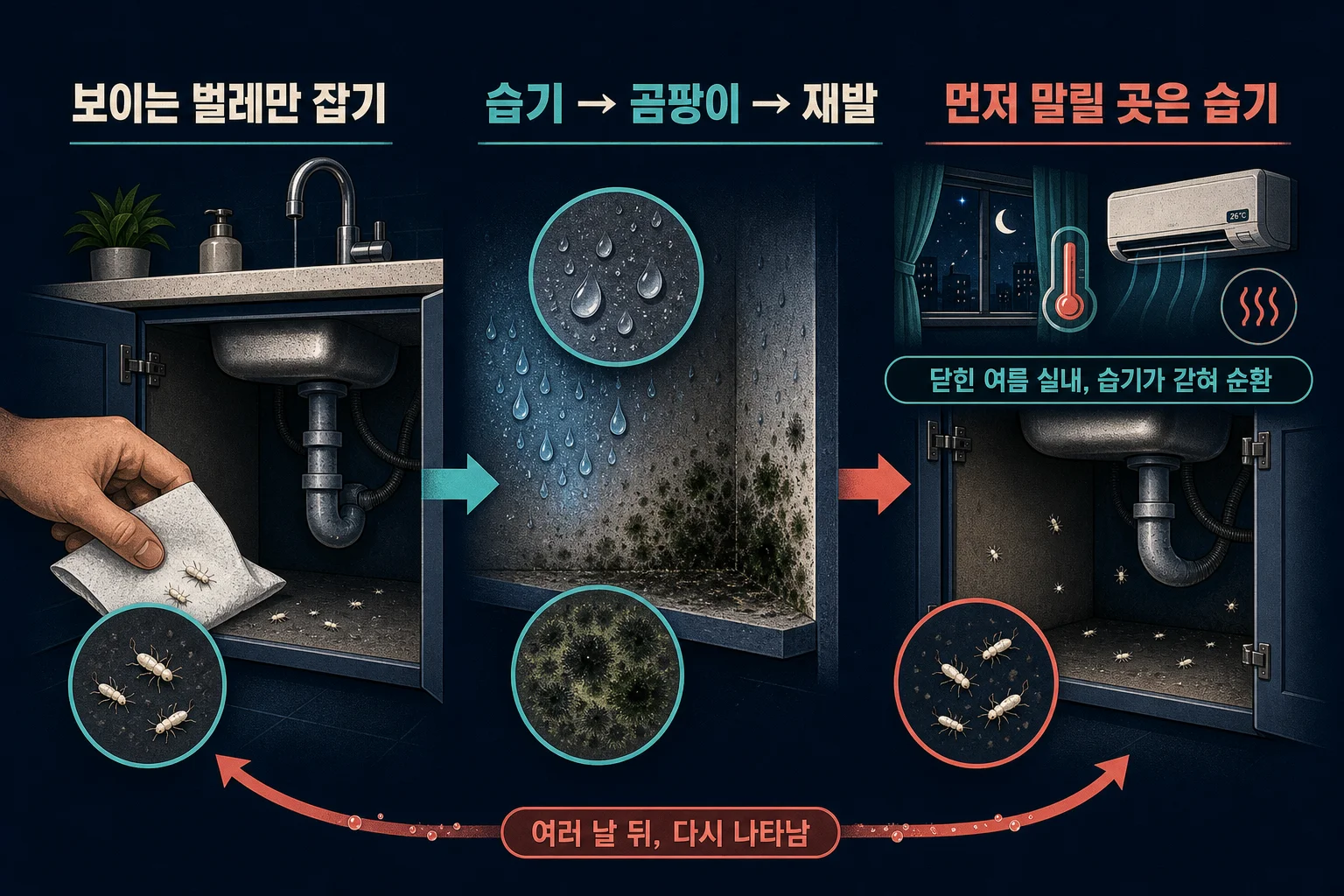 싱크대 하부장 안에서 발견되는 먼지다듬이와 폭염 열대야로 닫혀 있던 창문