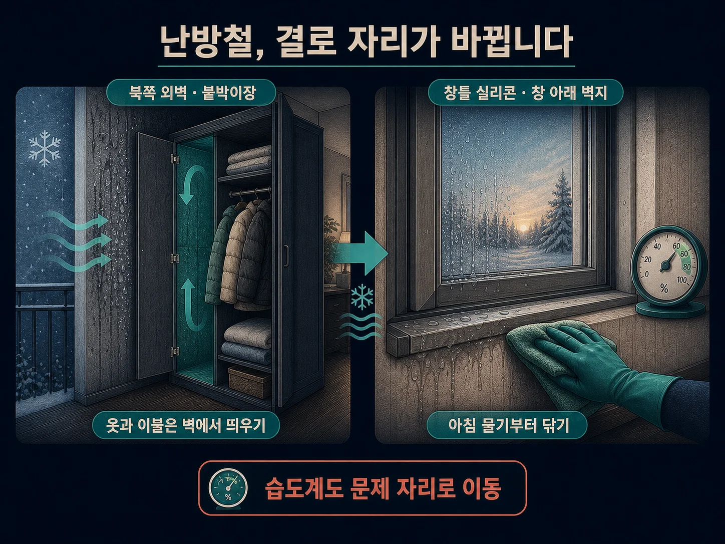 난방철 붙박이장 안쪽과 창틀에 맺히는 결로로 재발하는 먼지다듬이