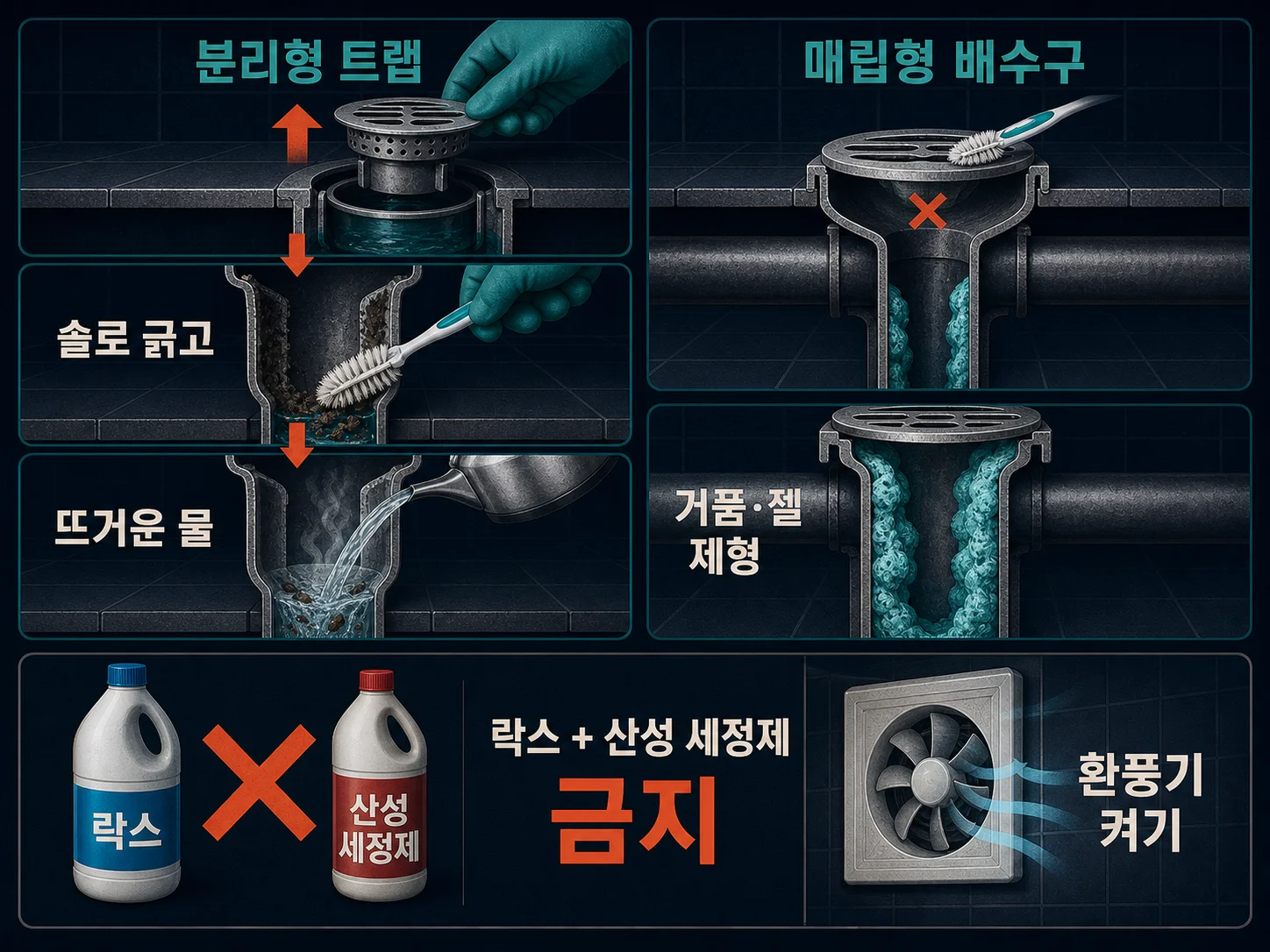 배수구 세정제와 뜨거운 물 사용 시 환기 주의사항