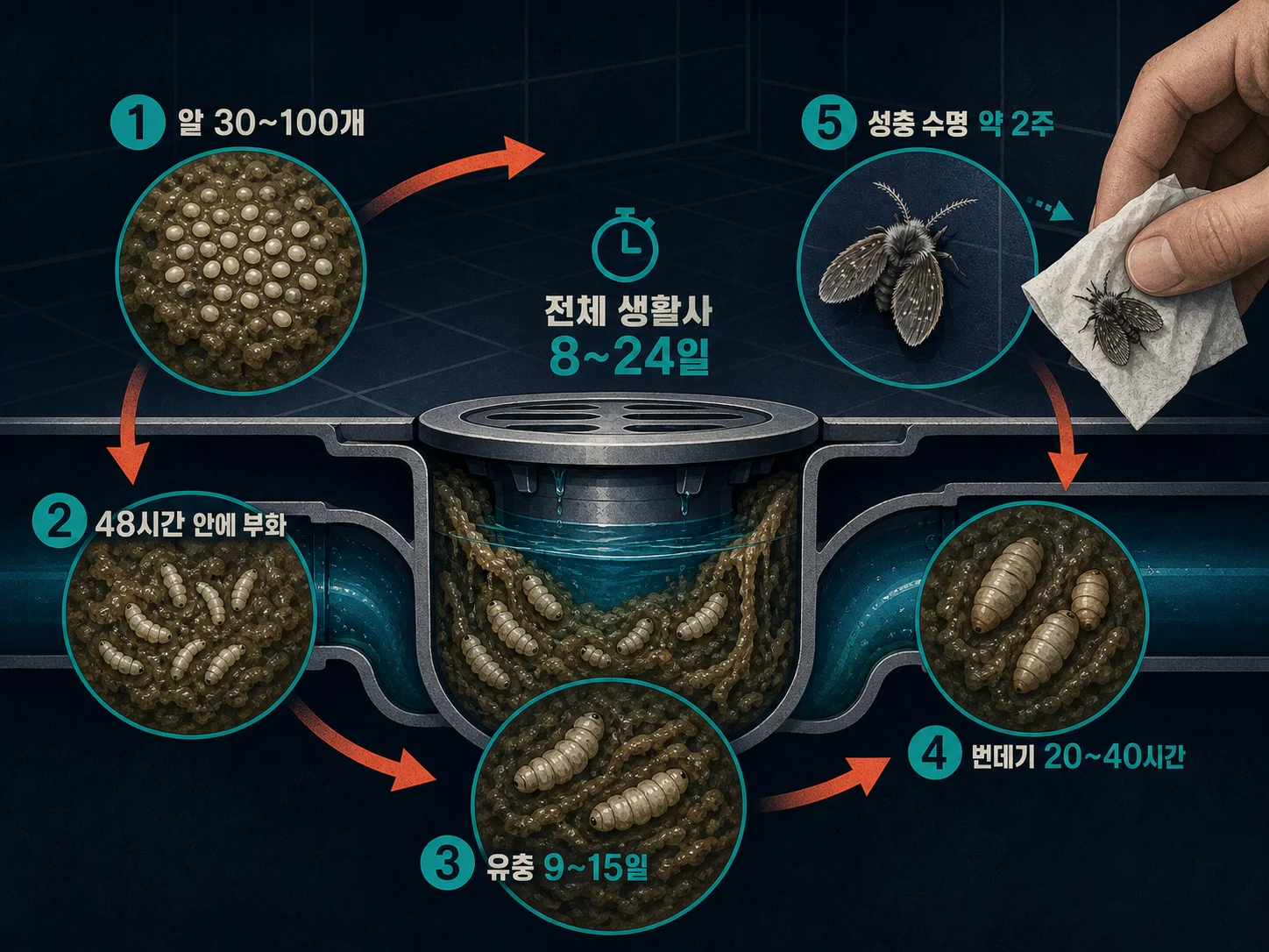 배수구 안쪽 미끈한 유기물 층에서 자라는 나방파리 유충 생활사
