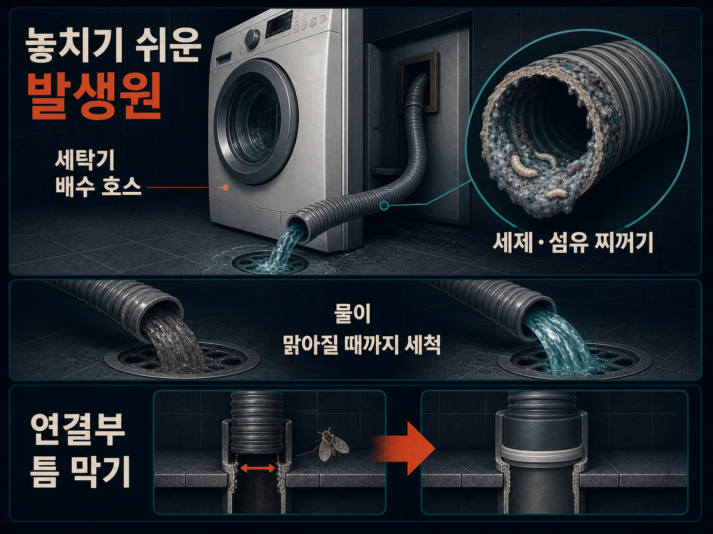 세탁기 배수 호스를 분리해 나방파리 발생원을 점검하는 모습