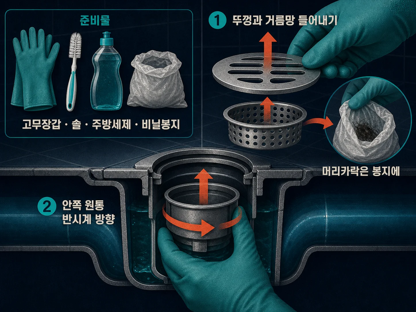 욕실 배수구 트랩을 분리해 안쪽 벽을 솔로 청소하는 순서