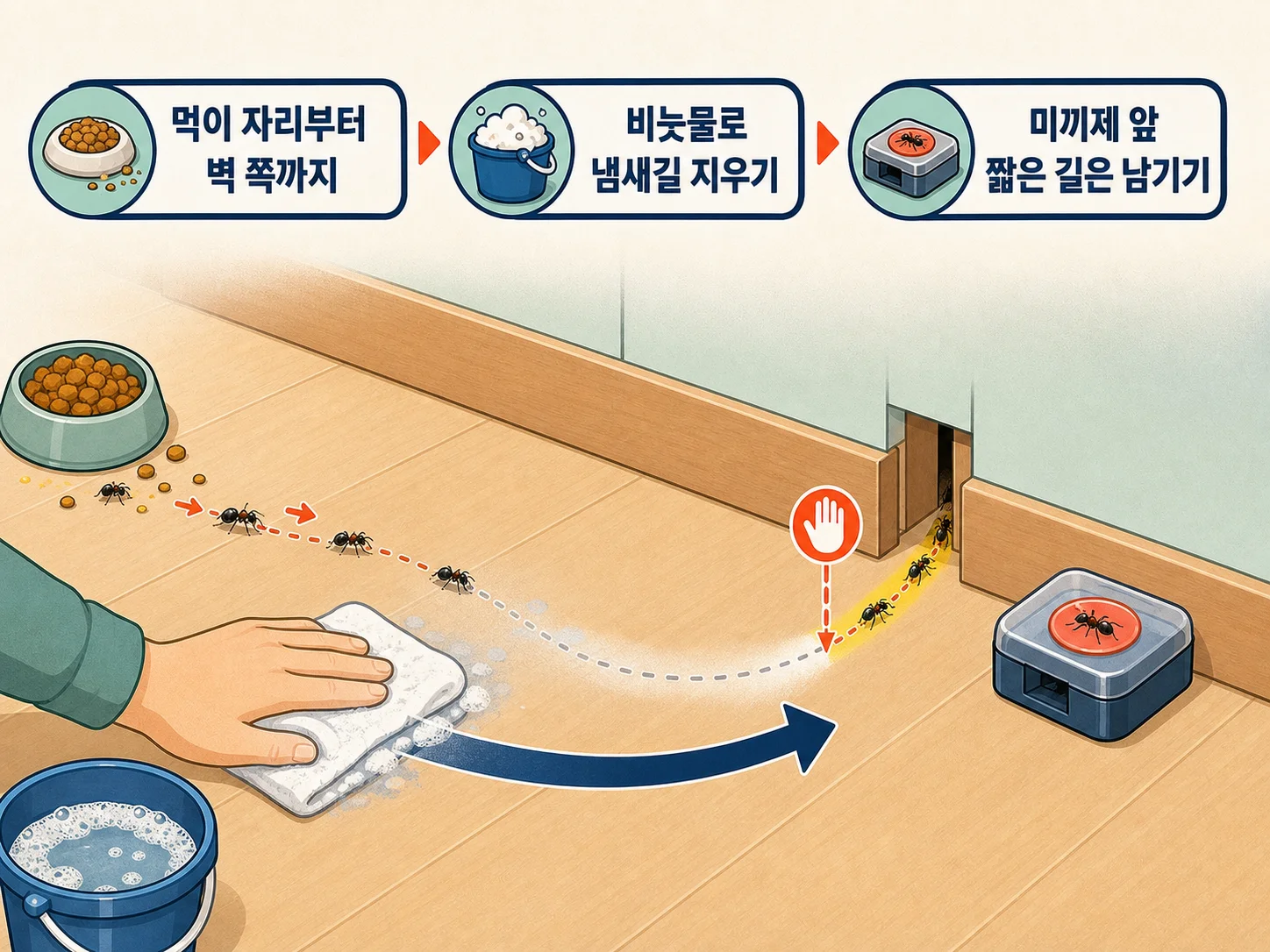 비눗물로 개미 이동 흔적 닦아내기