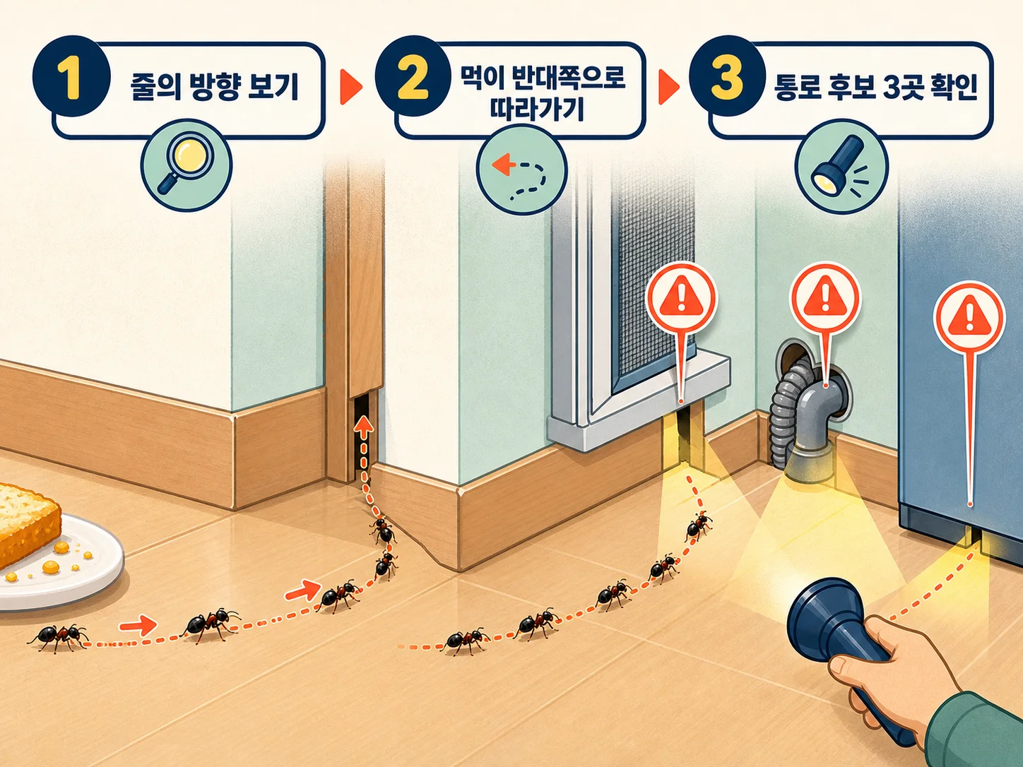 손전등으로 창틀과 배관 틈 개미 통로 확인