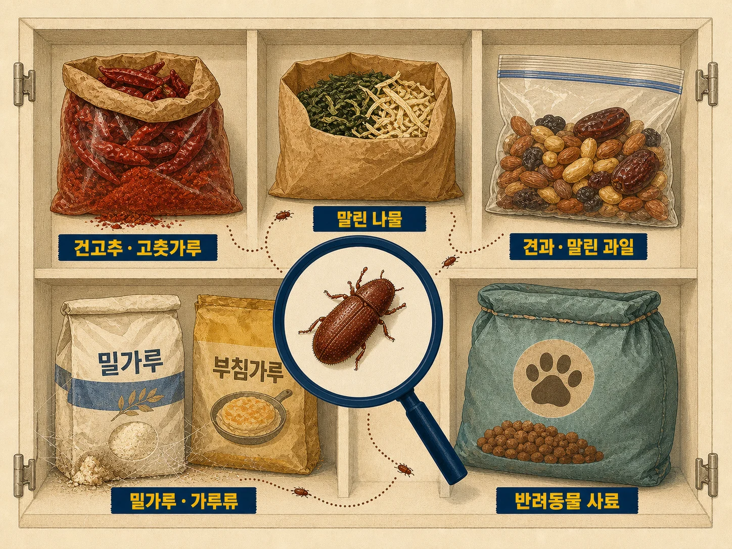 권연벌레가 알을 낳는 찬장 저장 식품 종류