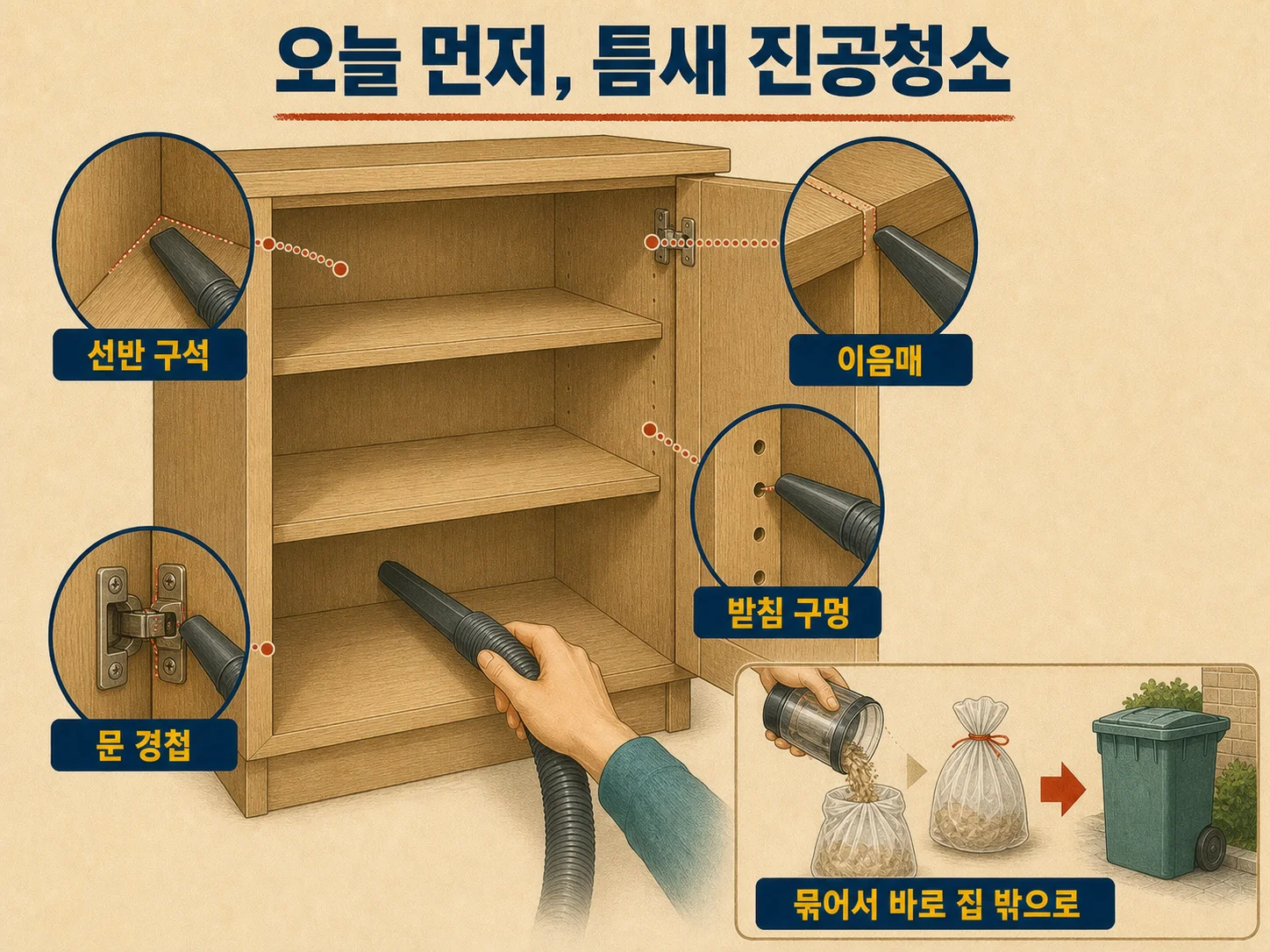 권연벌레 제거 후 찬장 선반 진공 청소