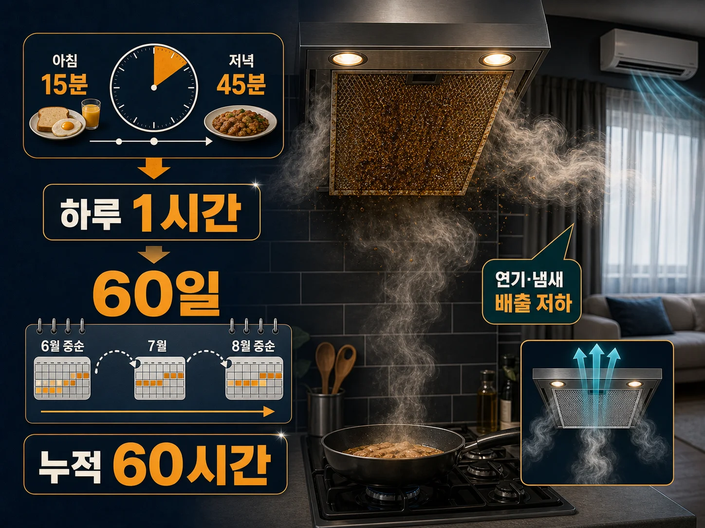 기름때로 막힌 후드 필터 사이로 조리 연기가 옆으로 새는 모습