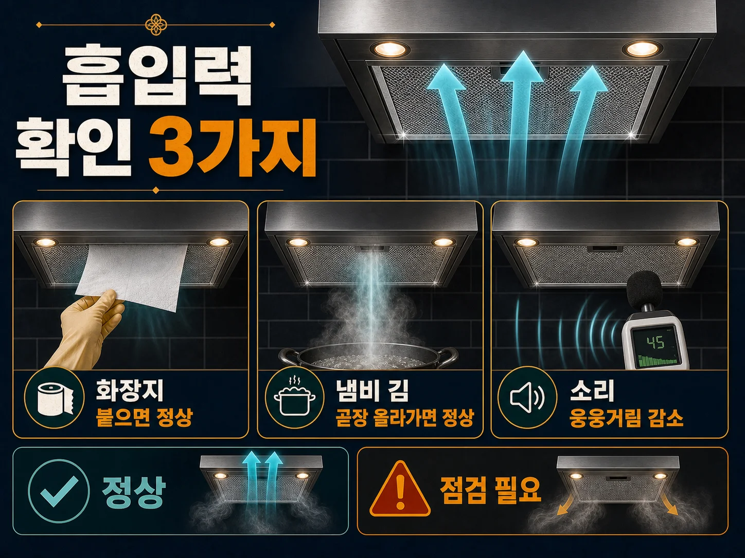 화장지를 대어 후드 흡입력이 회복됐는지 확인하는 테스트