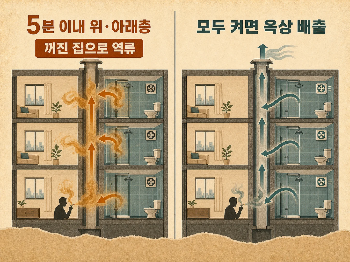 화장실 환풍기 역류로 담배냄새가 올라오는 배기덕트 구조 확인