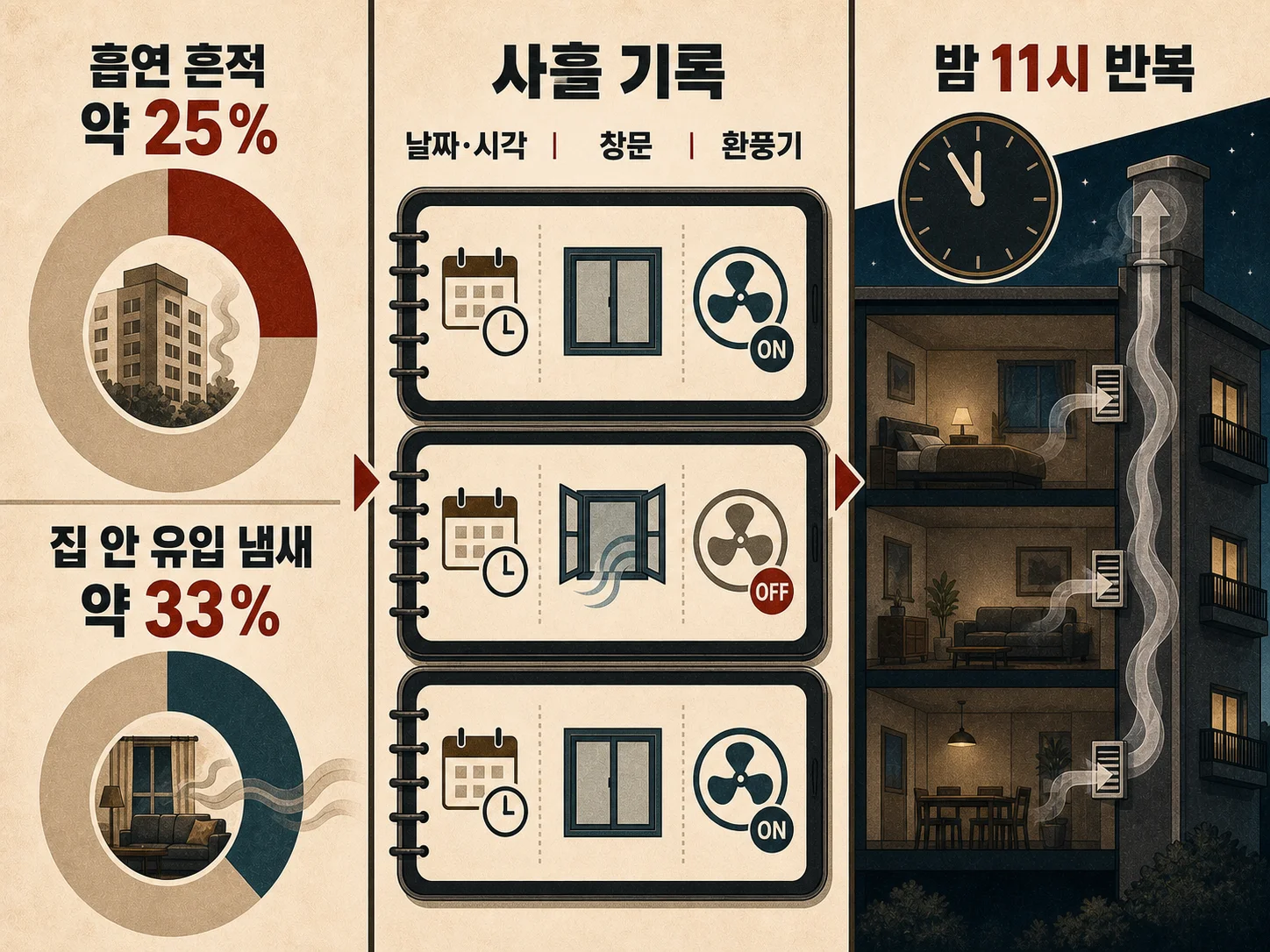 담배냄새 원인이 벽에 밴 것인지 아래층에서 올라오는 것인지 구분하는 기록법