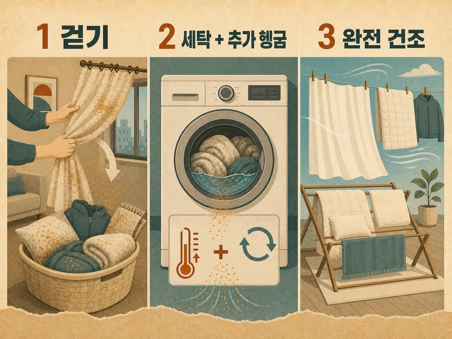 커튼과 소파 커버를 고온 세탁해 담배냄새 잔류물을 제거하는 순서