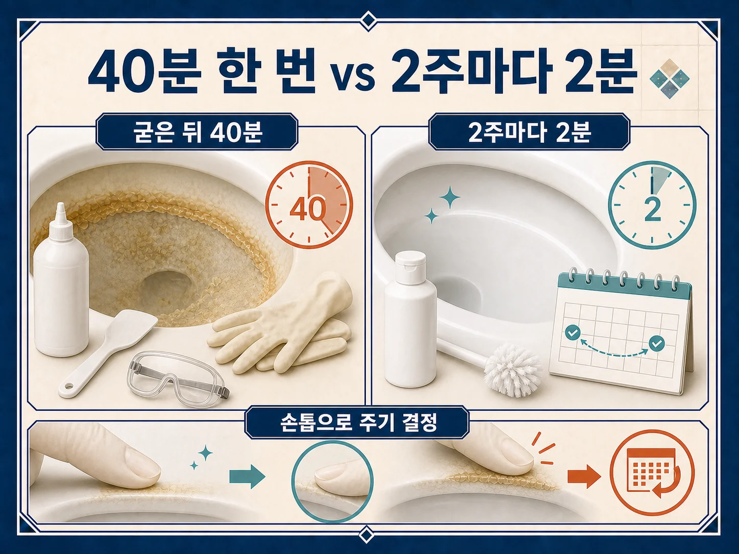 2주마다 손톱 검사로 요석 생성을 예방하며 변기를 닦는 습관