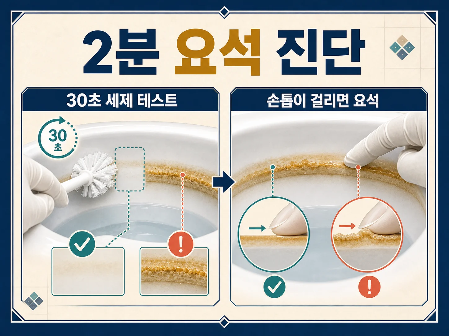 손톱으로 변기 얼룩을 긁어 요석인지 확인하는 손톱 테스트