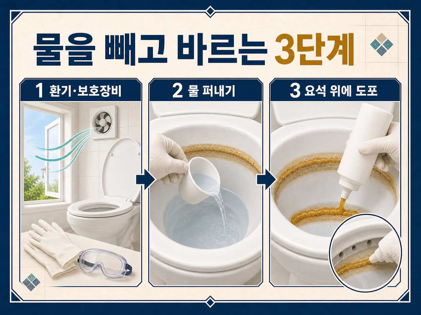 물을 뺀 변기 테두리 요석 얼룩 위에 산성 세정제를 바르는 모습