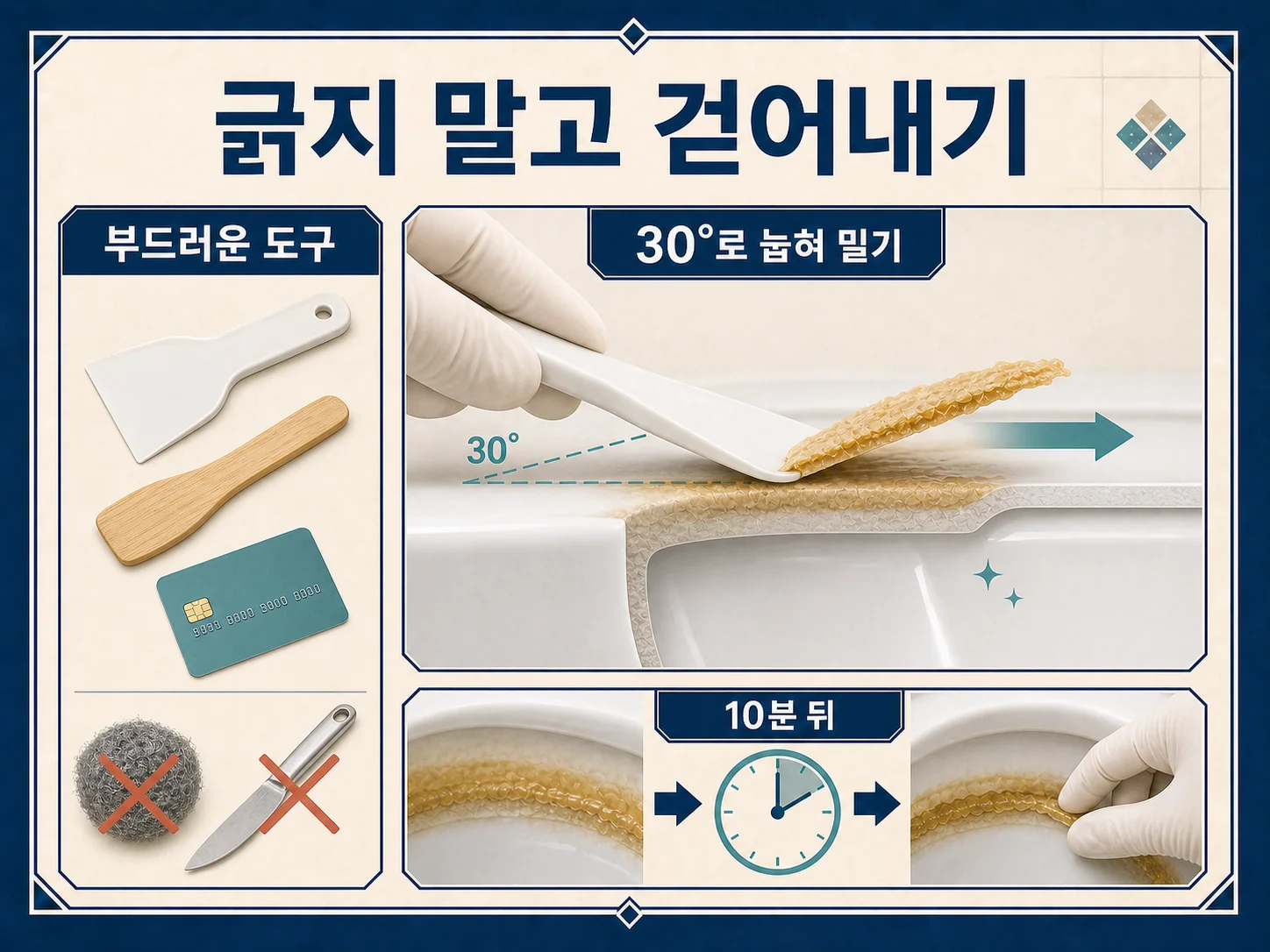 플라스틱 스크레이퍼로 도기를 긁지 않고 굳은 요석 층을 걷어내는 모습