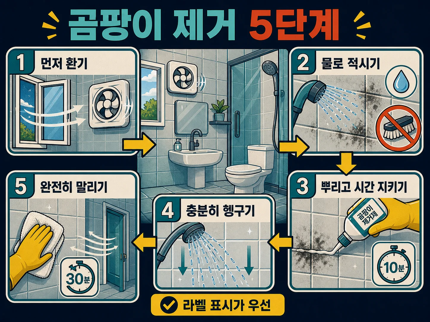 환기부터 건조까지 이어지는 곰팡이제거제 사용 5단계 순서