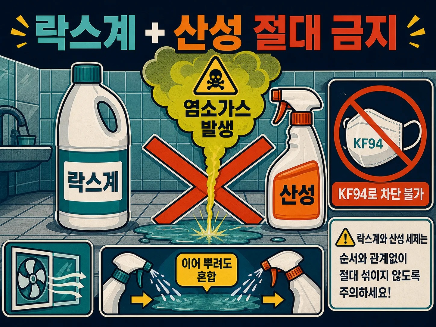 락스와 산성 세정제를 함께 사용할 때 발생하는 염소가스 위험 경고