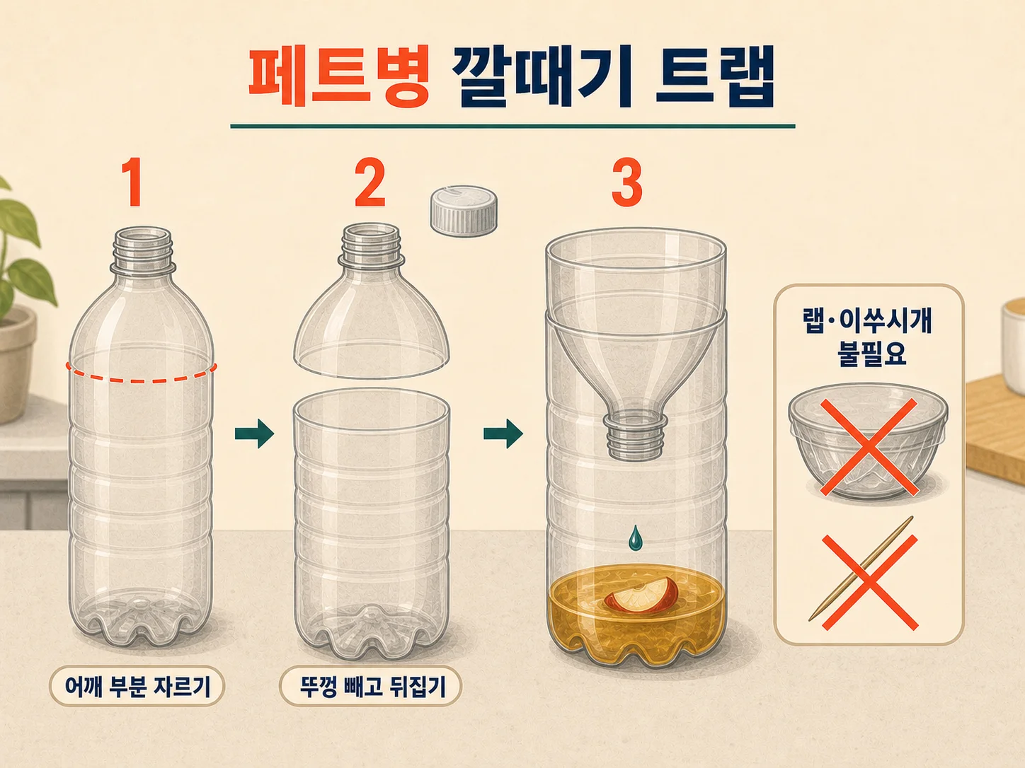 페트병으로 만드는 날파리트랩 깔때기 구조와 그릇 트랩 비교