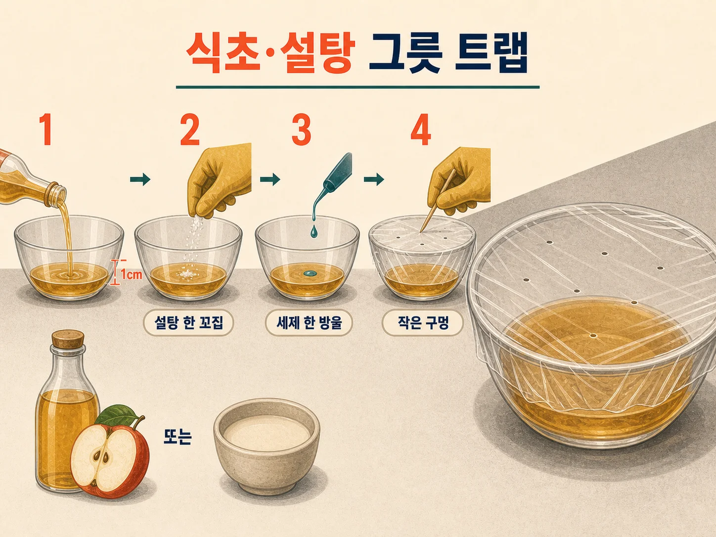 식초와 설탕, 주방세제로 만드는 날파리트랩 그릇 준비 과정