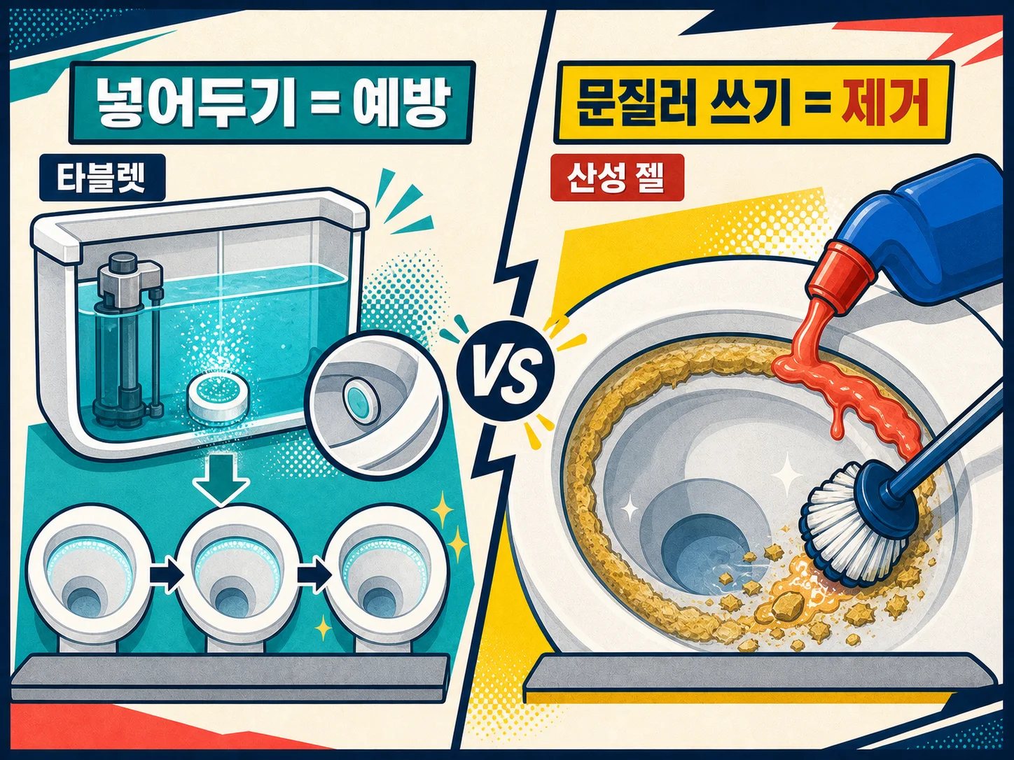 물탱크 타블렛과 산성 젤 변기세정제의 용도 차이 비교
