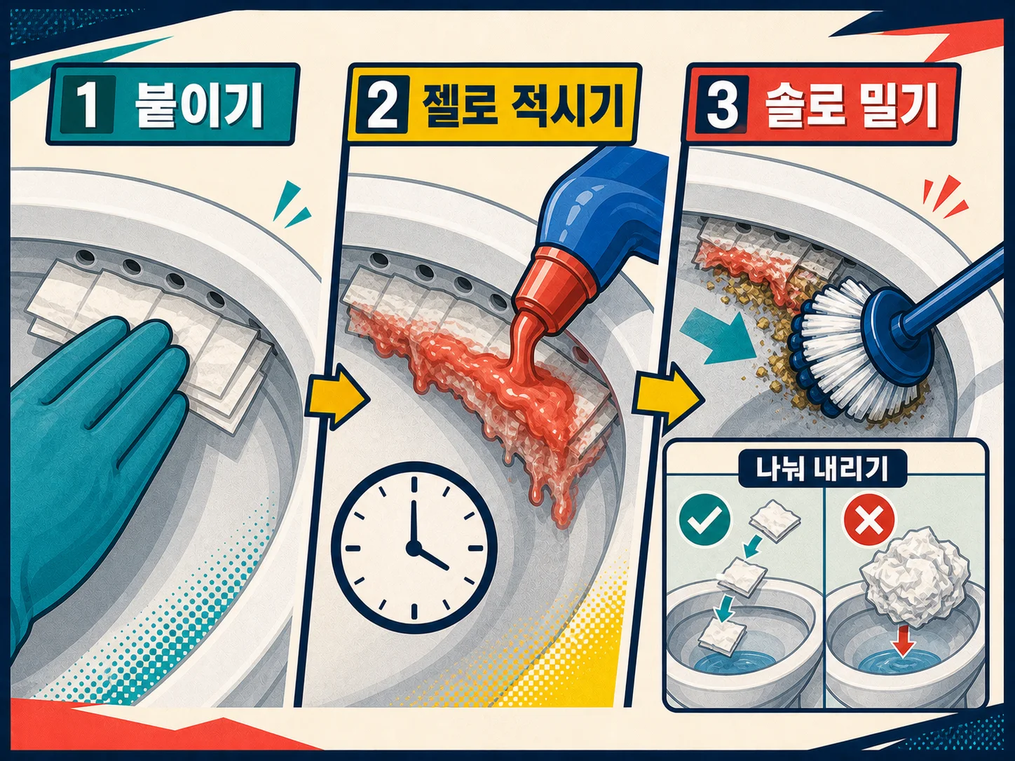 변기 테두리 안쪽에 산성 젤 세정제 도포하는 청소 순서