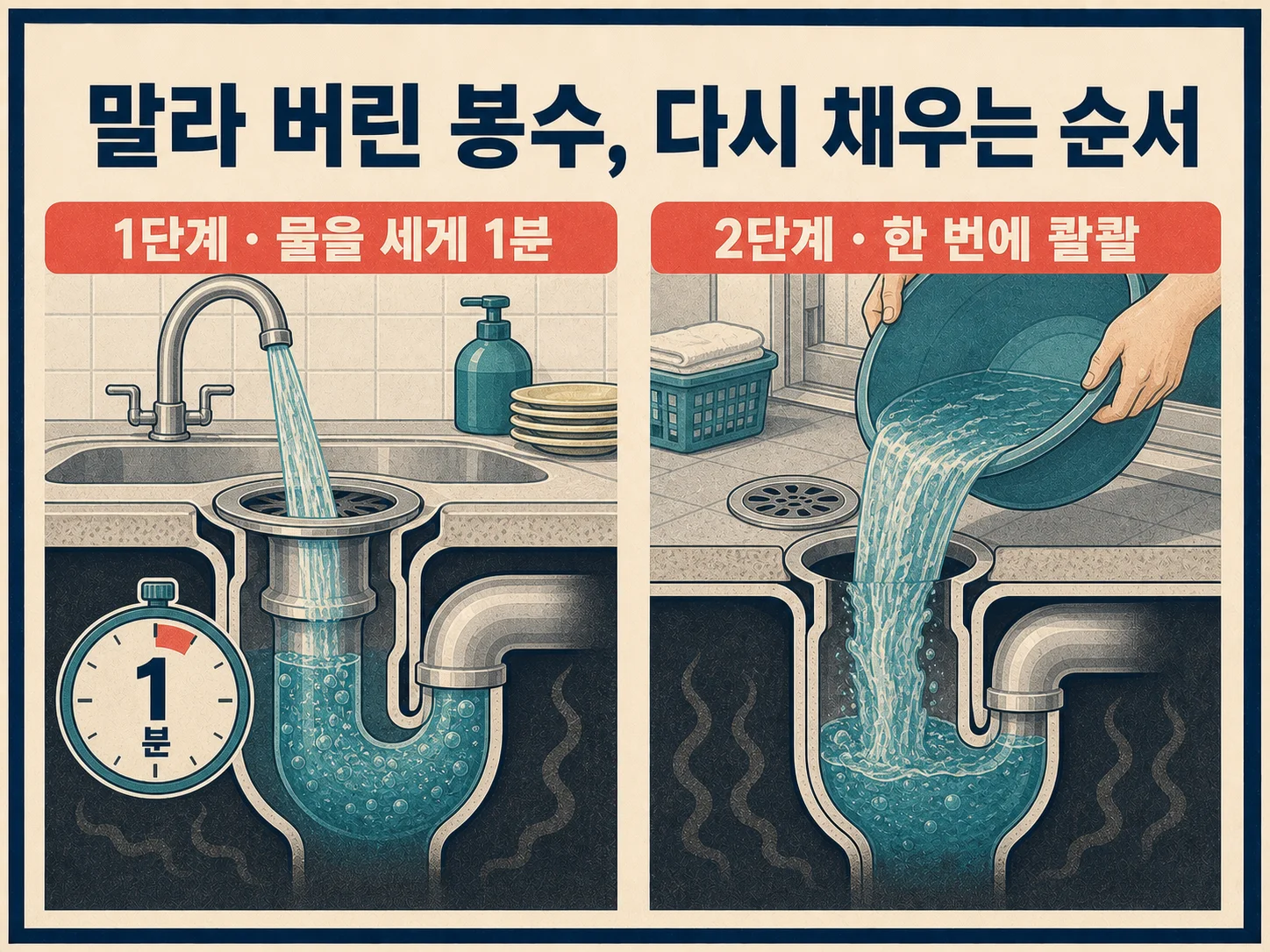 마른 배수구 봉수를 다시 채우기 위해 물을 흘려보내는 모습