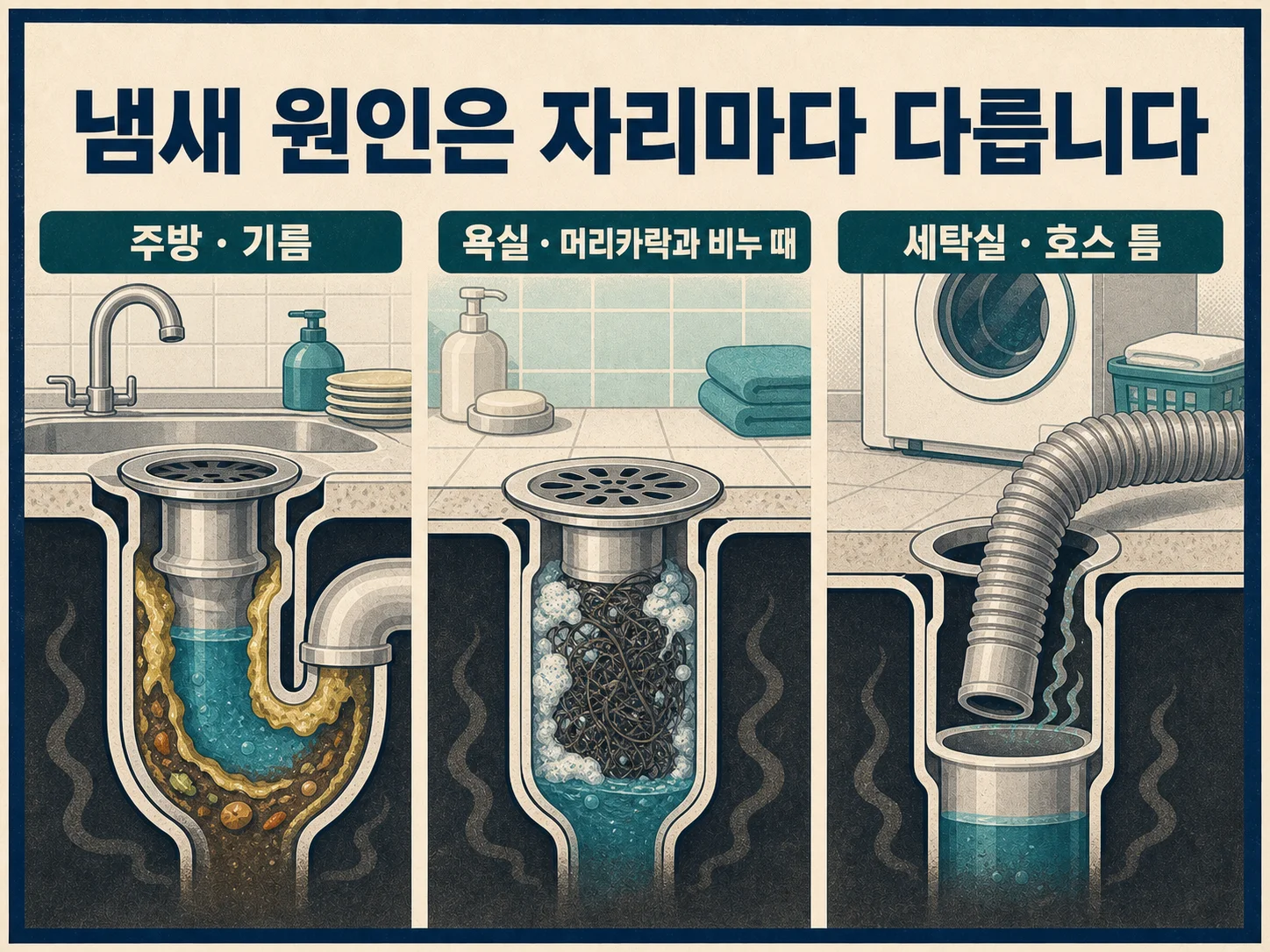 주방, 욕실, 세탁실별로 다른 하수구 냄새 원인 비교