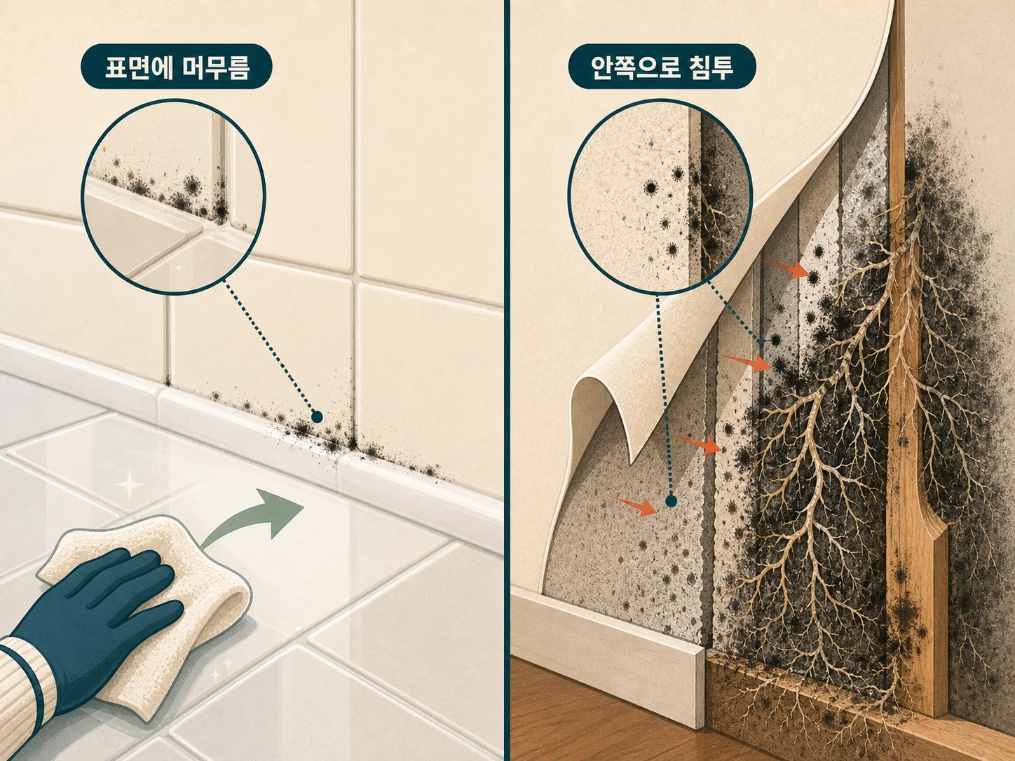벽지 속으로 뿌리내린 곰팡이와 표면에 얹힌 곰팡이의 재질별 차이 비교