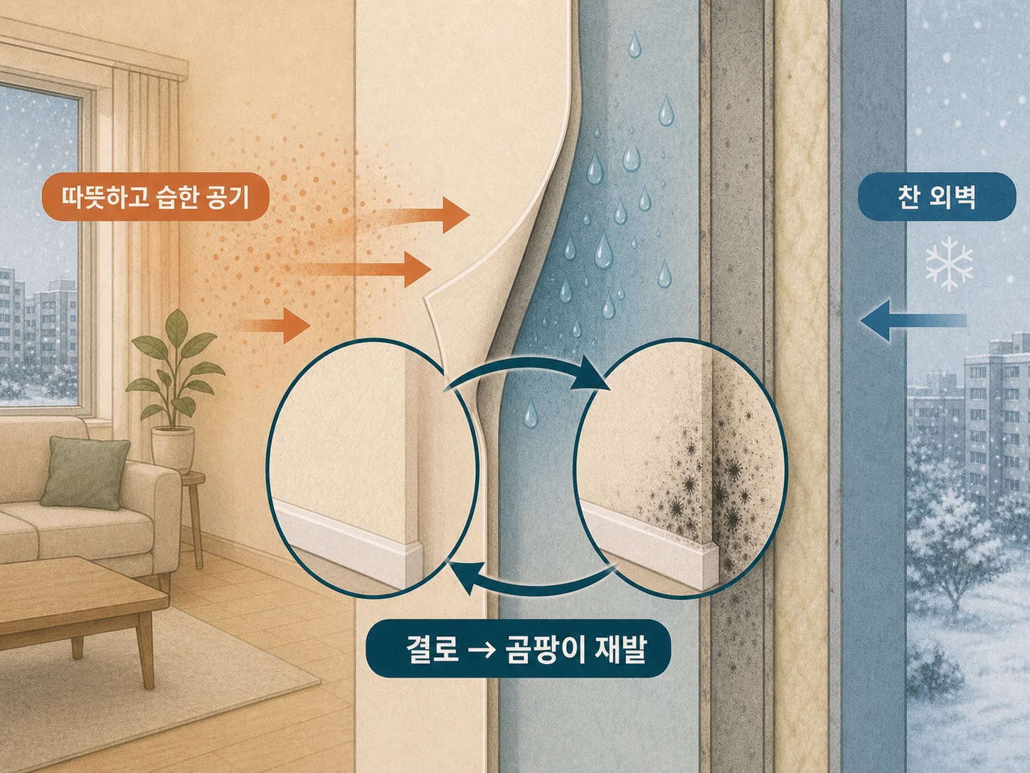 찬 외벽면에 실내 습기가 맺혀 생기는 결로 현상과 비닐 테스트 방법
