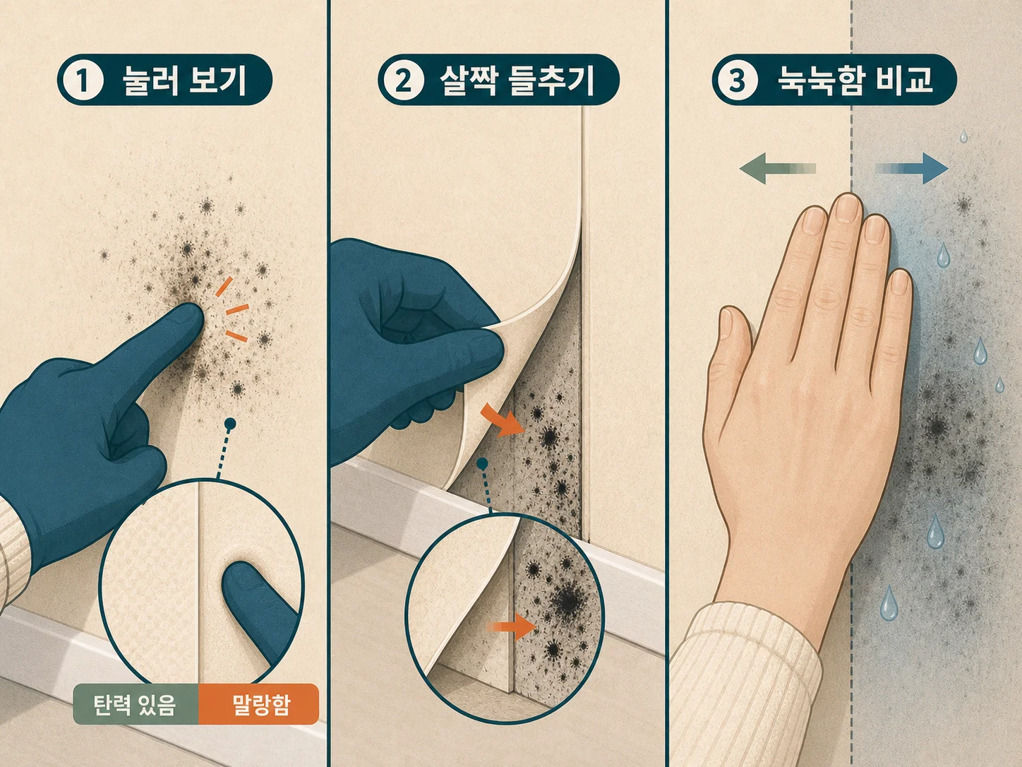 벽지 이음매를 들춰 곰팡이 번짐 정도를 확인하는 3단계 점검 과정