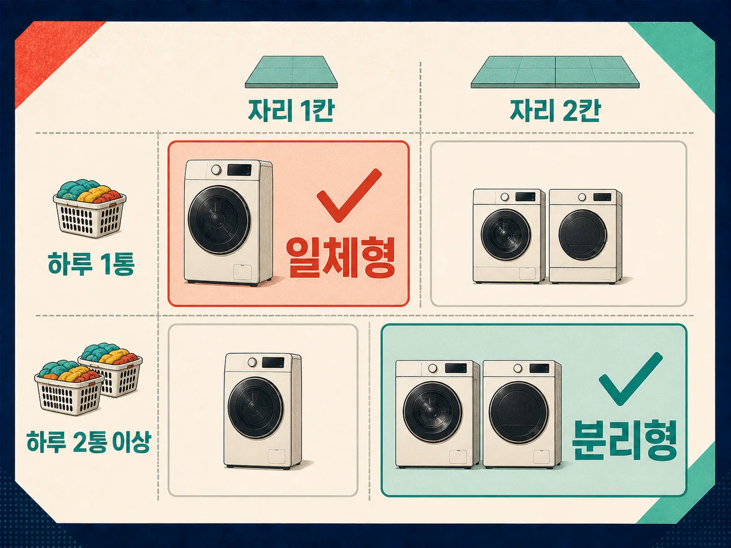 세탁실 공간과 하루 세탁 횟수로 일체형 분리형을 선택하는 체크리스트 이미지