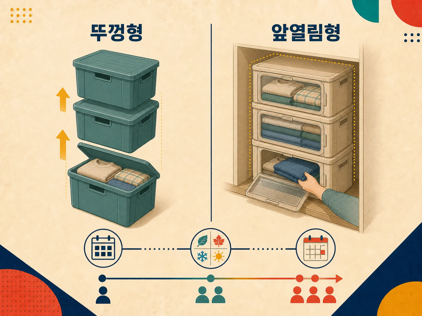 뚜껑형과 여닫이형 리빙박스를 층별로 쌓아 정리한 모습