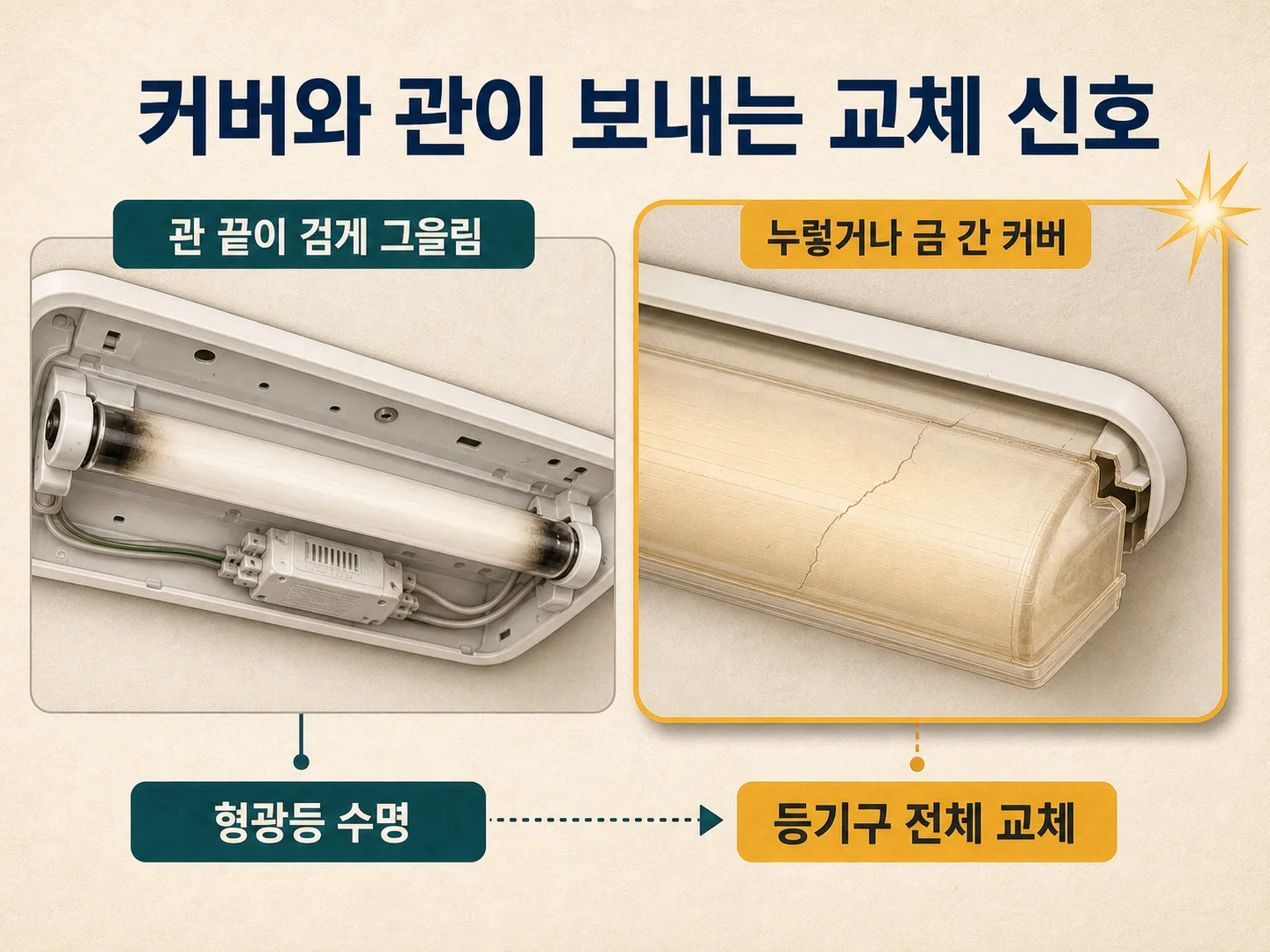 누렇게 변색된 등기구 커버로 LED 전등 교체 시점을 판단하는 모습
