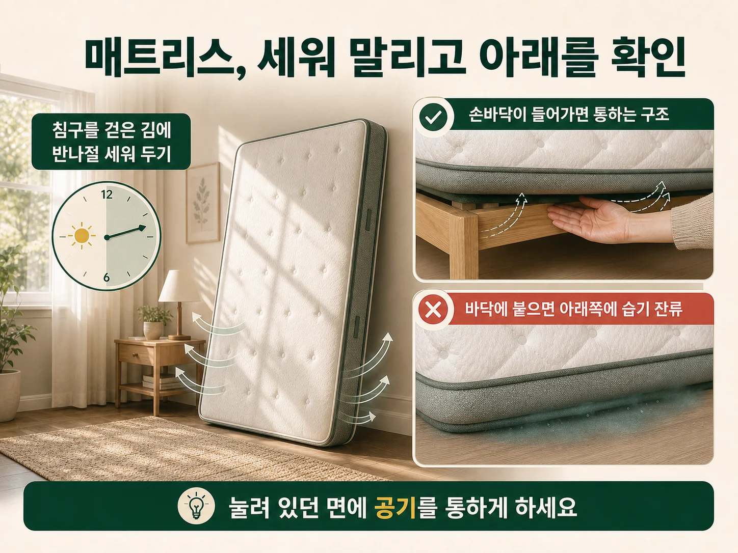 9월에 매트리스를 세워 환기시키며 실내 습도를 낮추는 장면