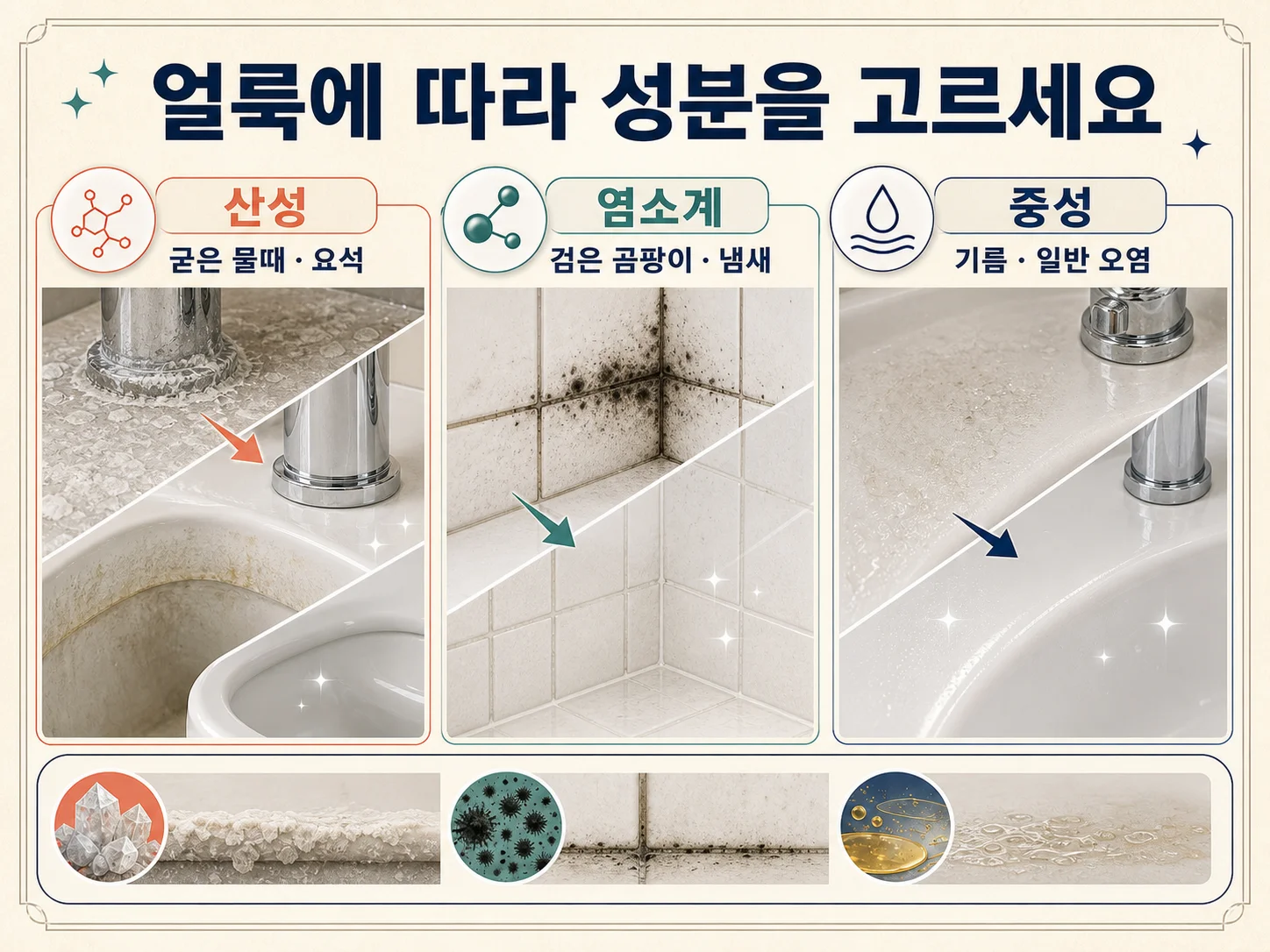산성·염소계·중성 욕실세정제로 나눈 물때·곰팡이·기름때 제거 성분 비교