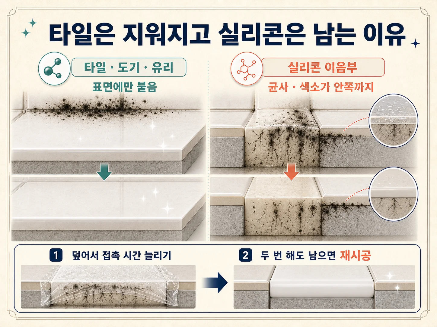 타일 줄눈과 실리콘 이음부에서 곰팡이 제거 결과가 다르게 남는 욕실 표면 비교