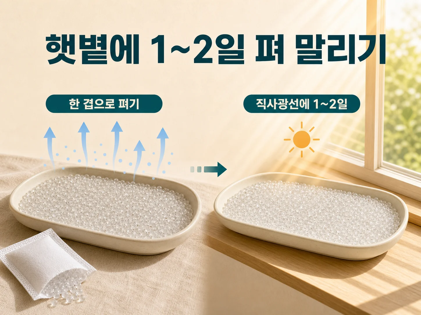 실리카겔 제습제 햇볕에 펴서 말리는 모습