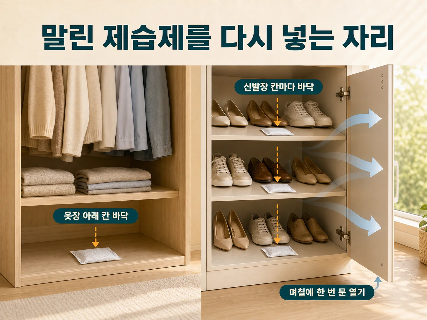 말린 제습제 옷장 아래 칸에 넣어 보관하는 자리
