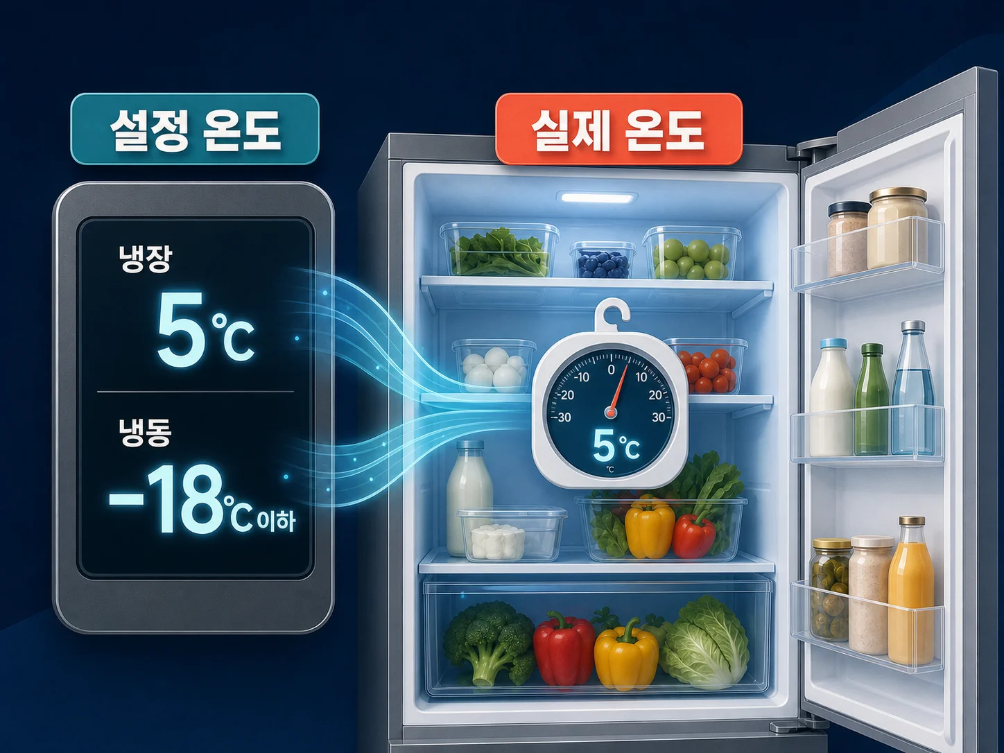 냉장고 온도계로 냉장실 5도 확인하는 모습