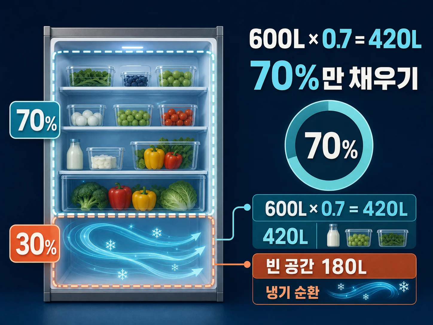 냉장고 용량 70% 이내로 정리한 내부 모습