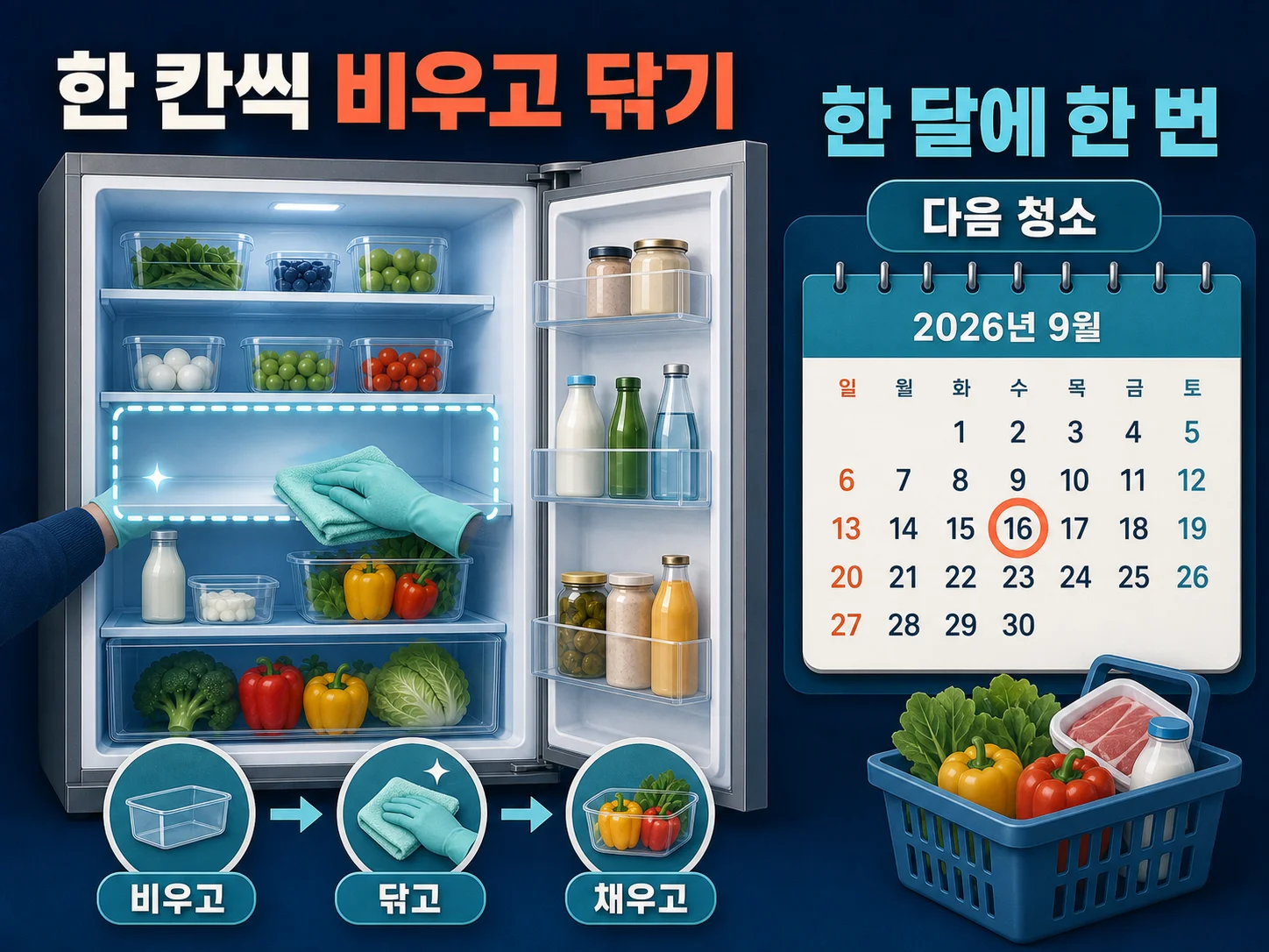 냉장고 선반 닦기와 청소 주기 달력 표시