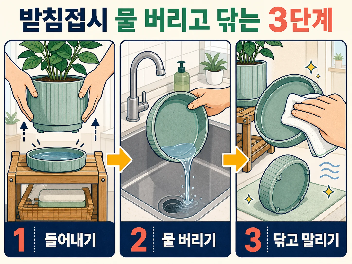 화분 받침접시 고인 물 비우고 닦는 3단계 과정