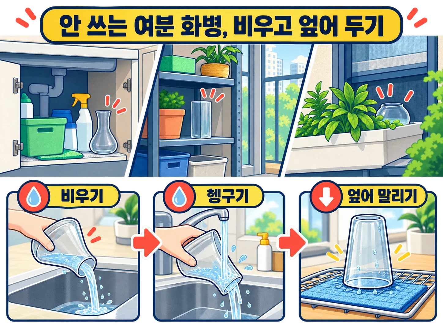 안 쓰는 여분 화병 물 비우고 엎어서 말리는 모습