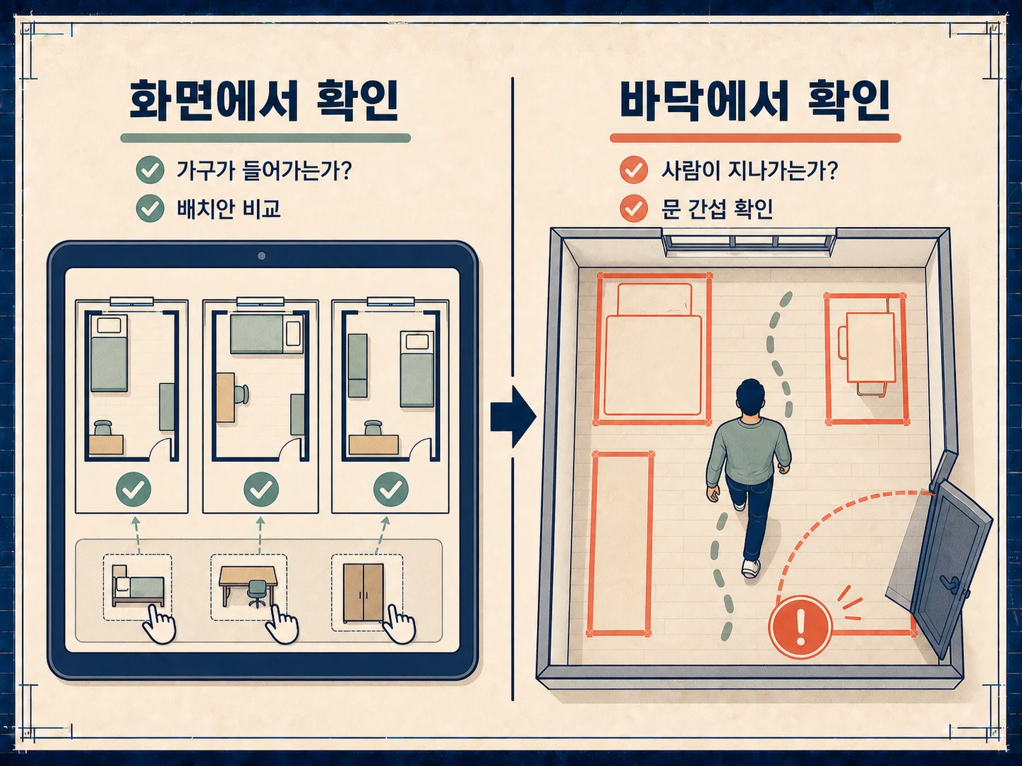 화면 시뮬레이션과 바닥 실측 배치 방법의 차이 비교