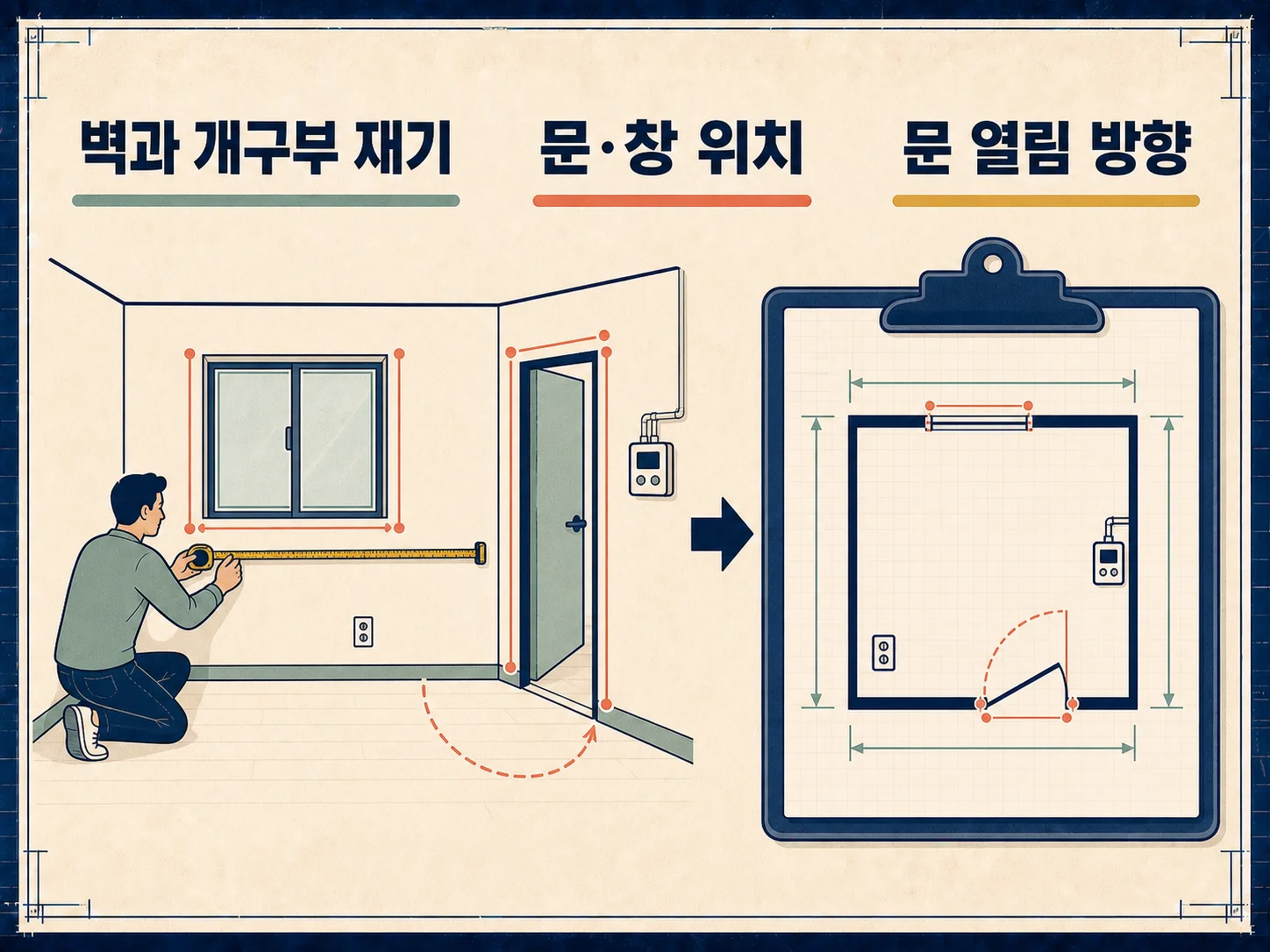 줄자로 벽과 가구 치수를 재는 실측 단계
