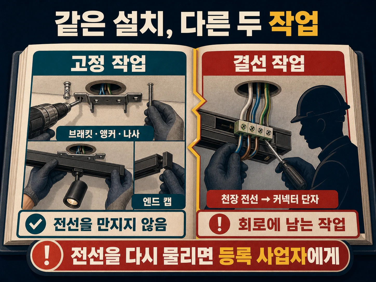 레일 브래킷 고정 작업과 천장 전선 연결 작업의 차이 비교