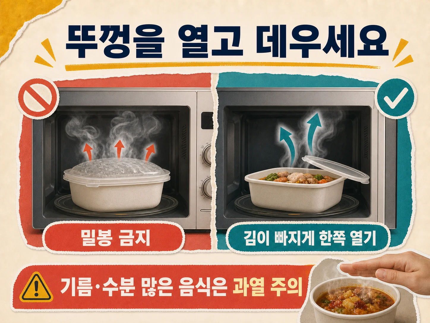 밀폐용기 뚜껑을 열고 전자레인지에 데우는 모습