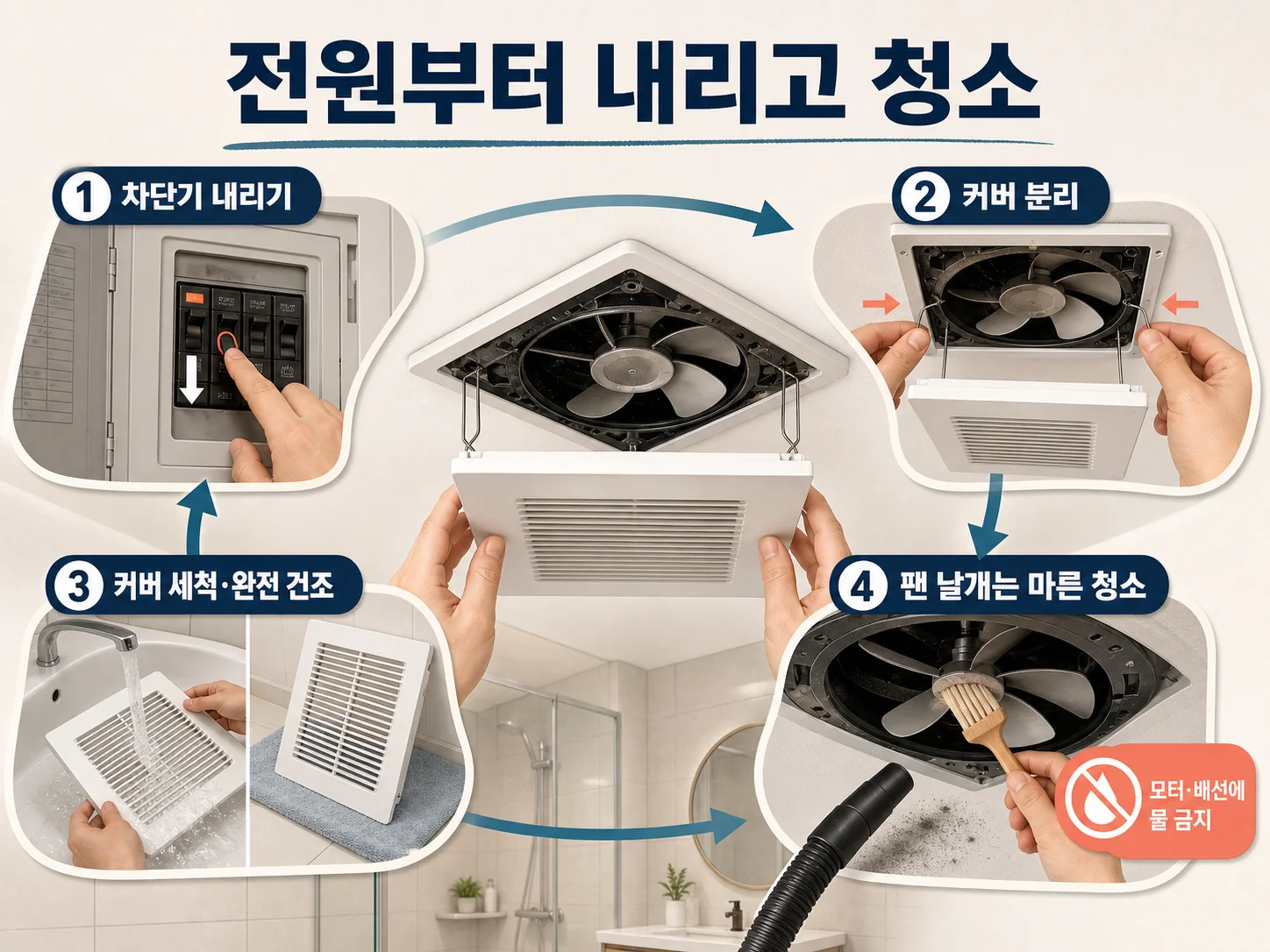 차단기를 내린 뒤 환풍기 커버와 팬 날개를 분리해 청소하는 단계