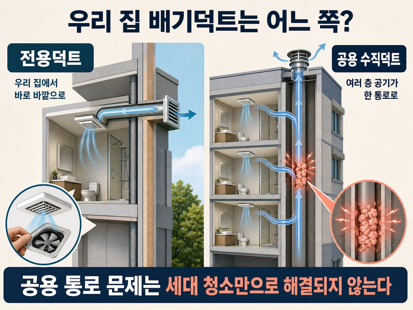 세대별 전용덕트와 여러 층이 함께 쓰는 공용 수직덕트 구조 비교