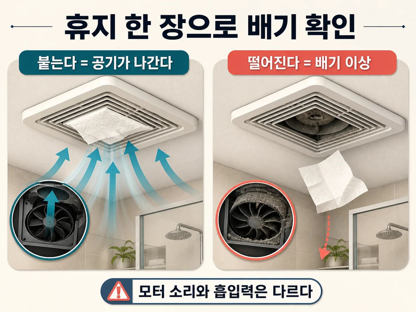 환풍기 그릴에 휴지를 대어 배기 여부를 확인하는 휴지 시험 장면